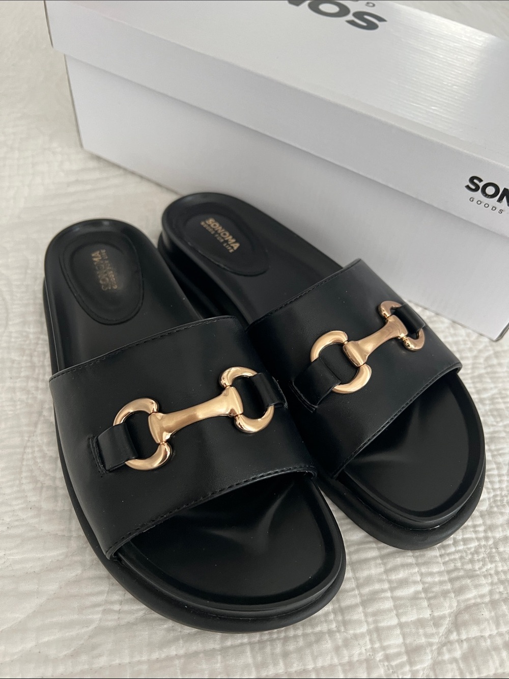 Black Slide Sandals with Gold Bit Detail